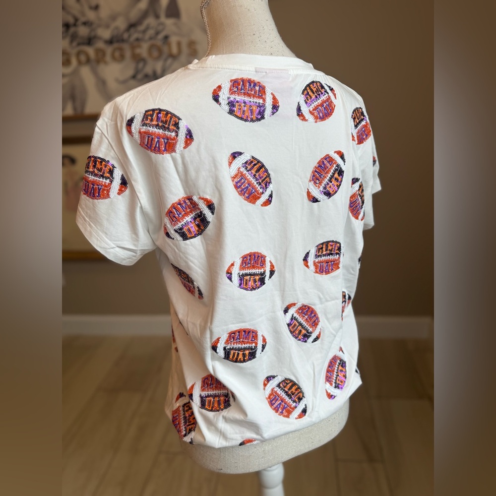 New! QUEEN OF SPARKLES Sequin Orange and Purple Game Day Football Tee - Picture 6 of 8
